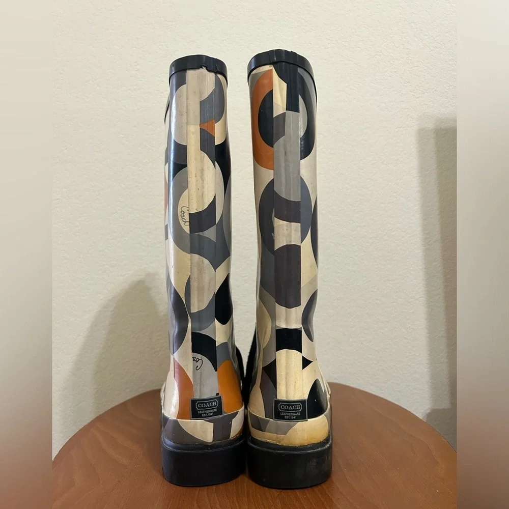 Coach Women's Geometric Rain Boot Periwinkle PullOn Lace Waterproof Size 9 Black